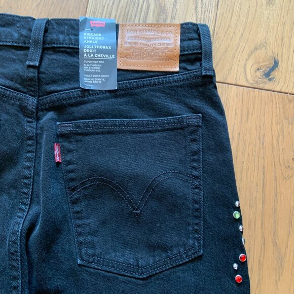 Levis Ribcage Straight Leg Embelliished Bejewelled High Rise Black Jeans Size 28 - Picture 6 of 15